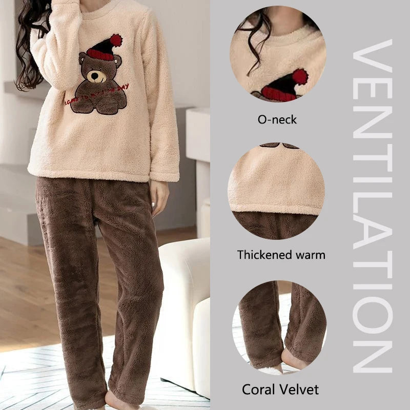 Winter Women's Pajamas and Pants Set Velvet Cartoon Bear