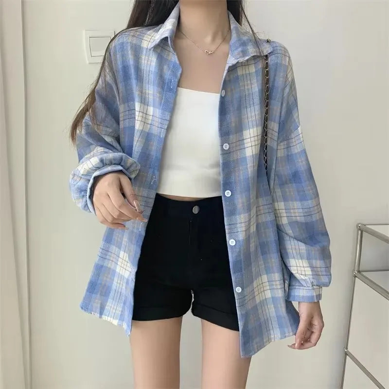 Long Sleeve Top  Preppy Style Loose Check Shirts