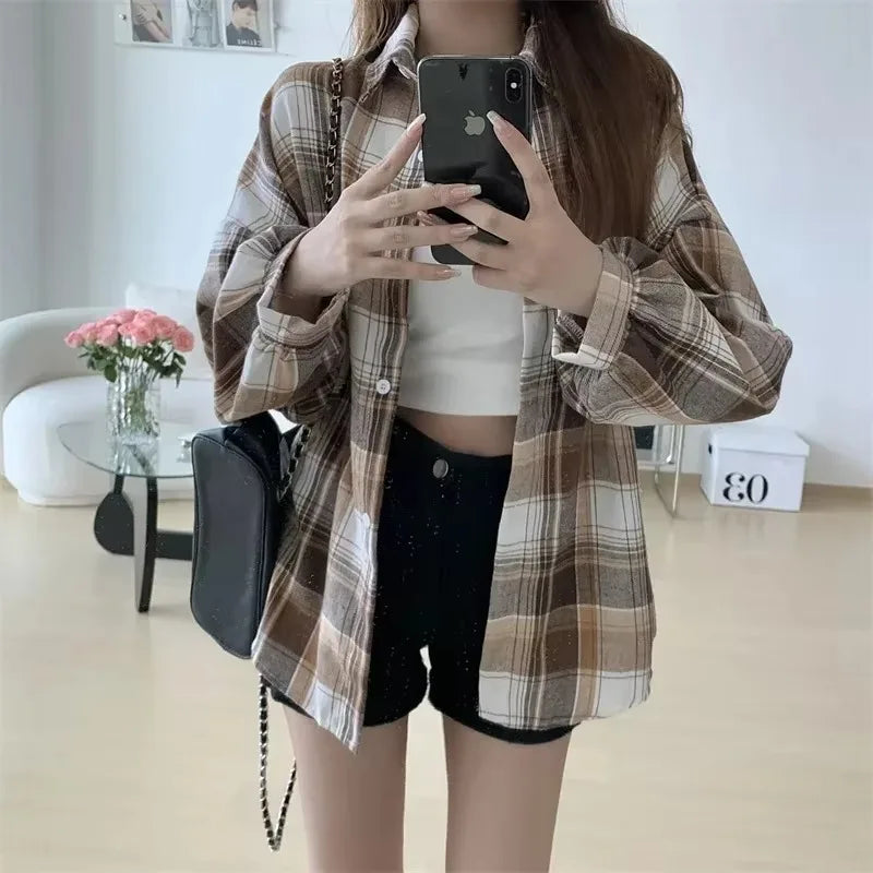 Long Sleeve Top  Preppy Style Loose Check Shirts