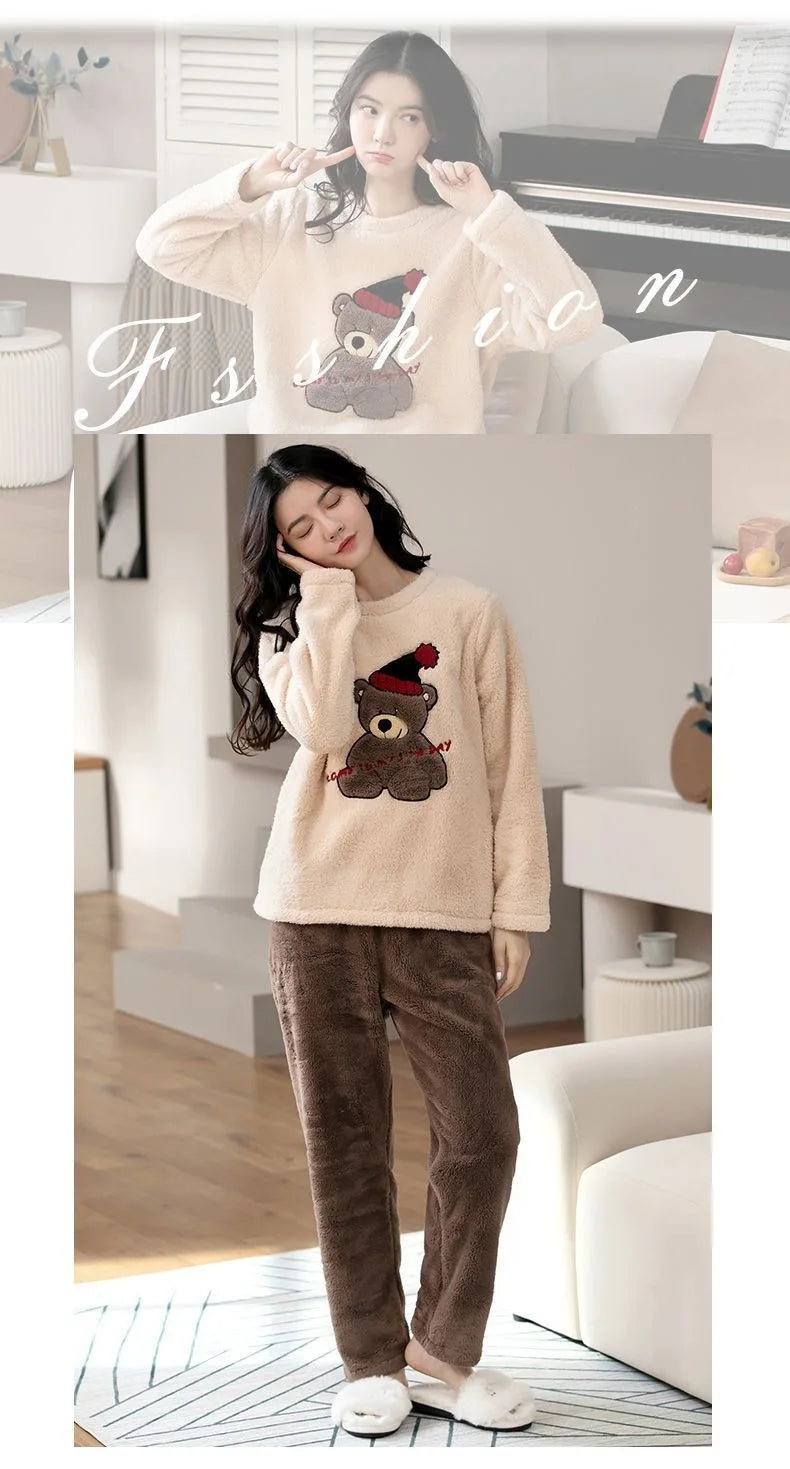 Winter Women's Pajamas and Pants Set Velvet Cartoon Bear