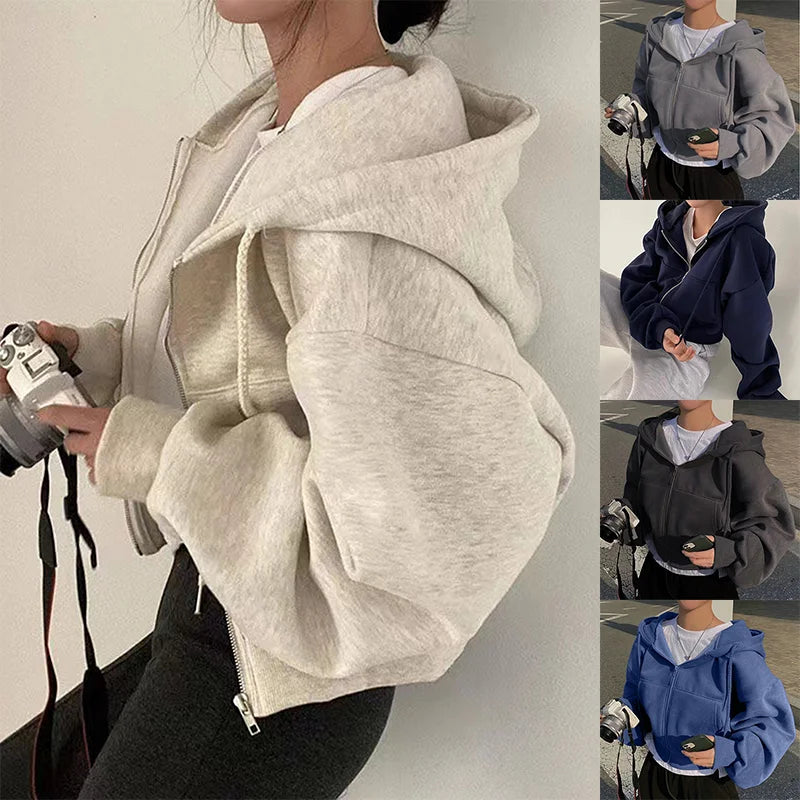 New Insfleece-lined Versatile Cropped Slims Hooded Sweatshirt Women