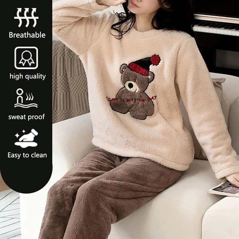 Winter Women's Pajamas and Pants Set Velvet Cartoon Bear