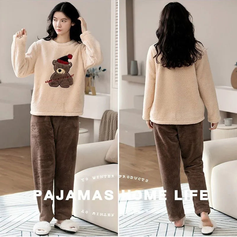 Winter Women's Pajamas and Pants Set Velvet Cartoon Bear