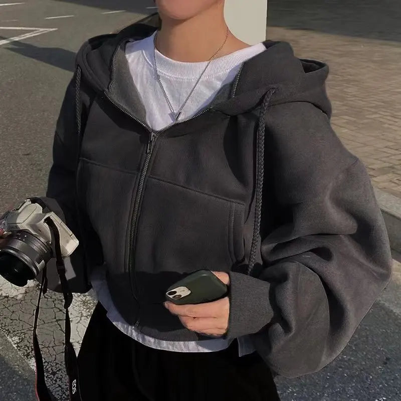 New Insfleece-lined Versatile Cropped Slims Hooded Sweatshirt Women