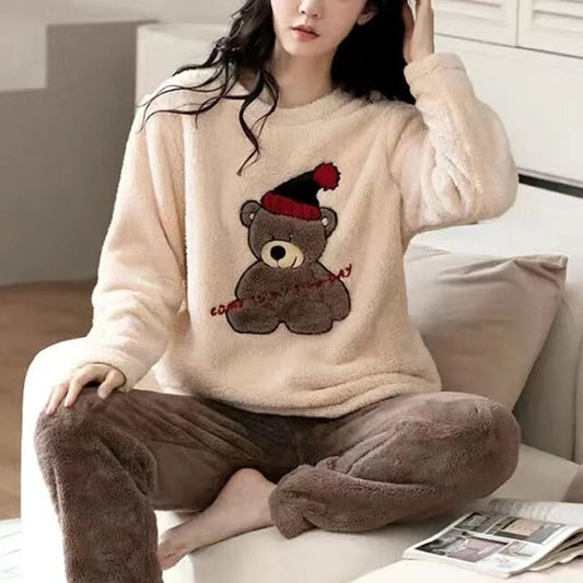 Winter Women's Pajamas and Pants Set Velvet Cartoon Bear