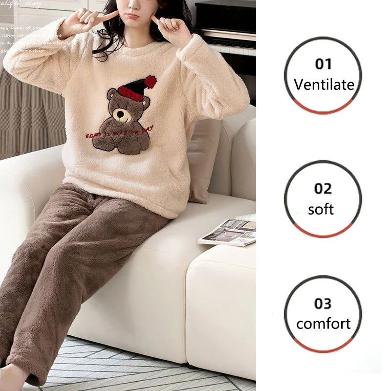 Winter Women's Pajamas and Pants Set Velvet Cartoon Bear