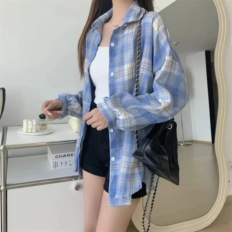 Long Sleeve Top  Preppy Style Loose Check Shirts