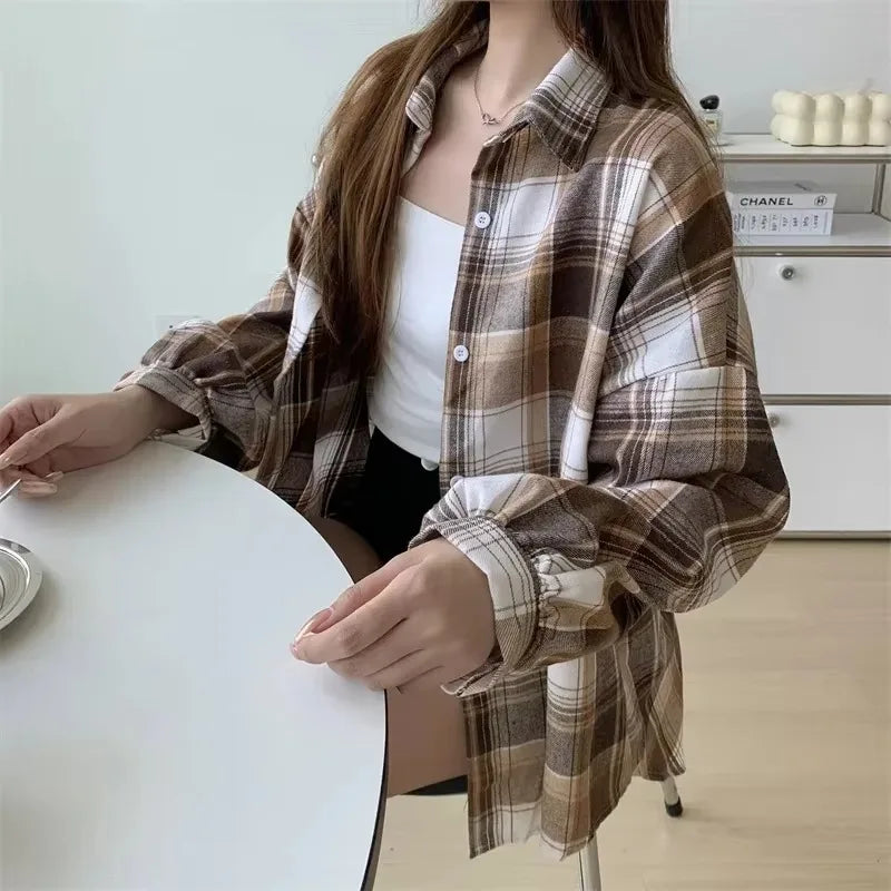Long Sleeve Top  Preppy Style Loose Check Shirts