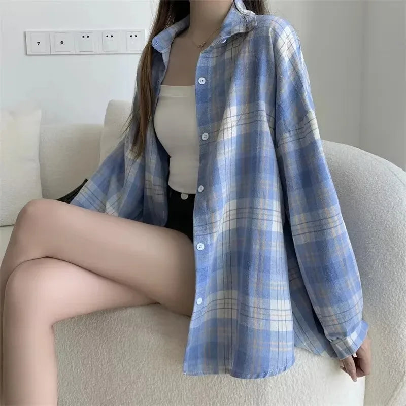 Long Sleeve Top  Preppy Style Loose Check Shirts