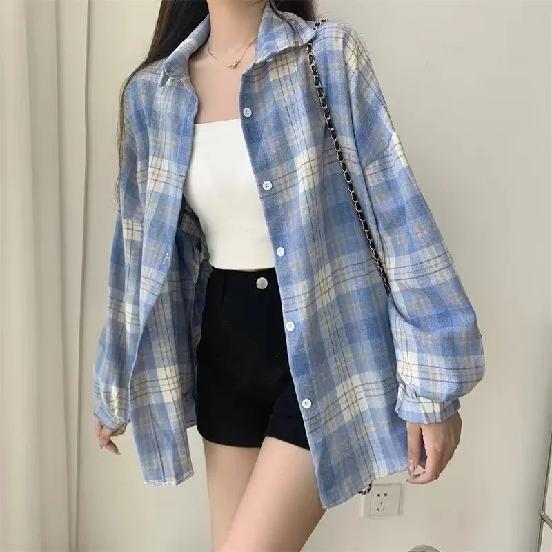 Long Sleeve Top  Preppy Style Loose Check Shirts